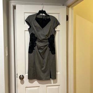 Adrianna Papell cap sleeve dress with ruching and lace detail.